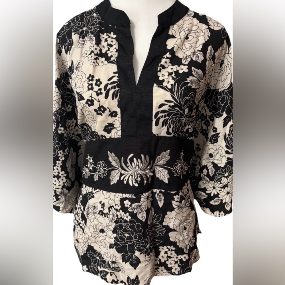 Saint Tropez West Blouse Top Womens XL Black Floral Silk Blend Kimono Sleeve